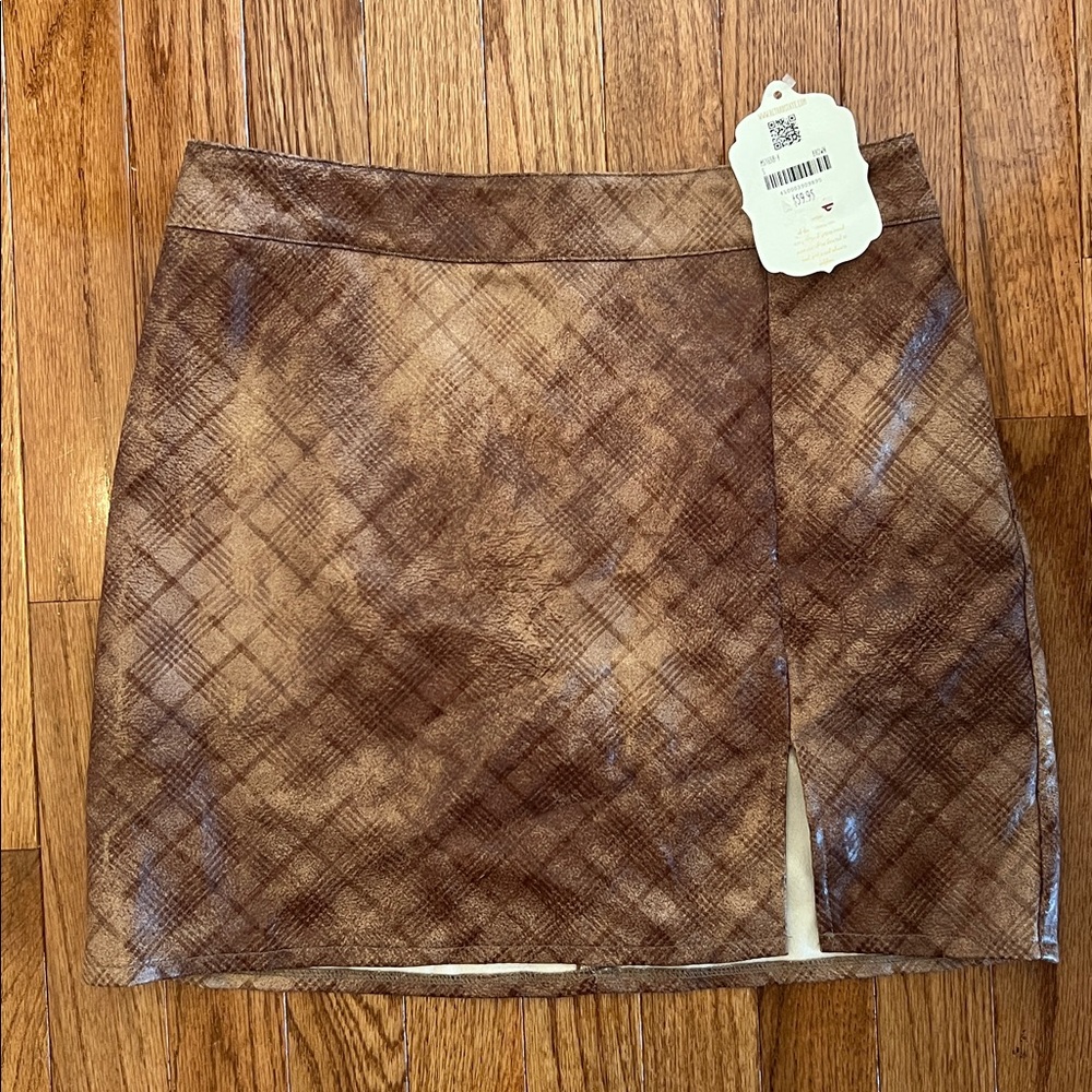 NWT Altar’d State Winnie Plaid Faux Leather Brown Skirt Women’s Size Small